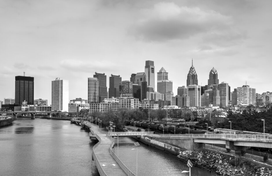 Black and white cityscape of Philadelphia